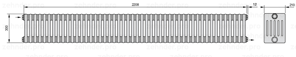 Схема (чертеж) Радиатор Zehnder Charleston 6030/48 №1670 Белый глянцевый RAL 9016